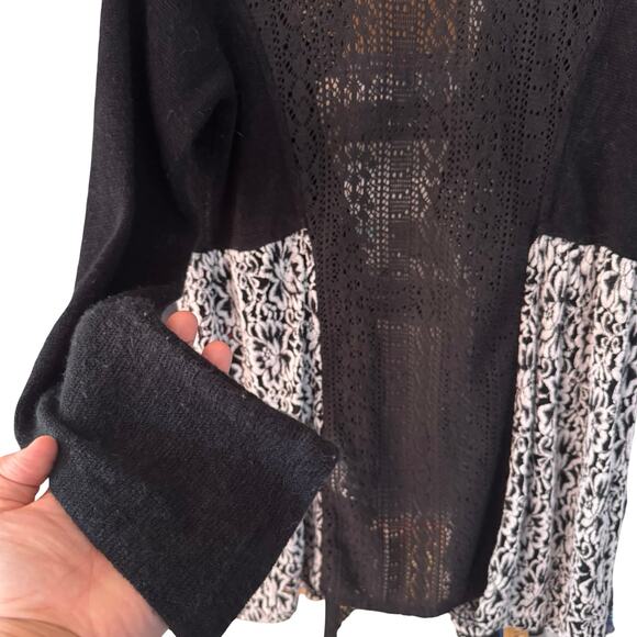 Anthropologie A’reve Cardigan L Black White Lace Knit Boho Open Front Sweater - Picture 8 of 8
